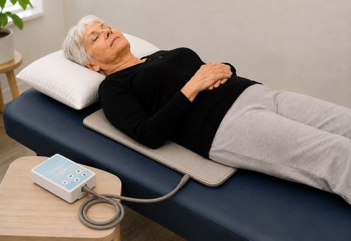 An older woman relaxing on the full-body PEMF mat during a session